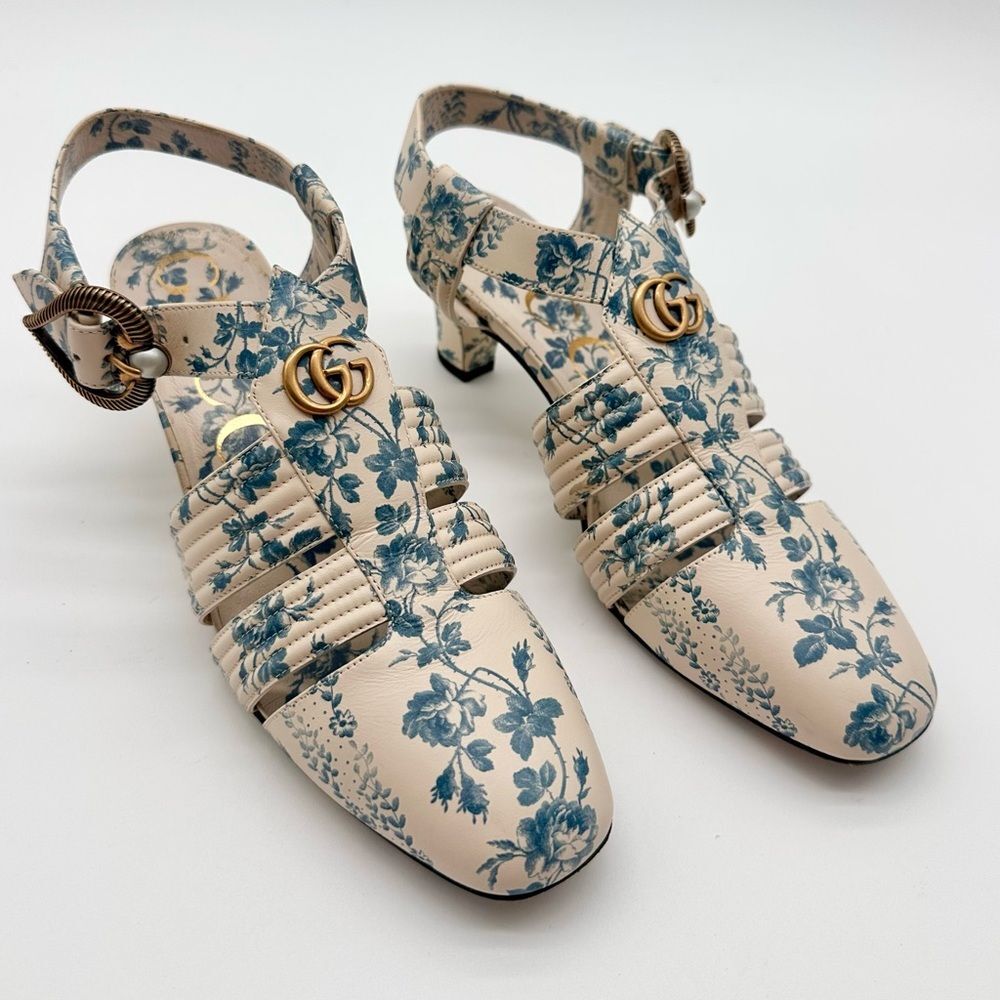 Gucci Gea GG Mid Heel Buds/Floral Blue Leather T-Strap  Sandal Pump EU37.5 US7.5 - Picture 4 of 13